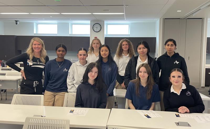 Sussex Academy participants at a healthcare exploration day at Beebe Healthcare are in back (l-r) Caroline Spice and Gabrielle Yablonski. In the middle are school nurse Dawynel Furlong, Jayani Boopathi. Emma Millman, Jaline Mazariegos-Borrayes, Melanie Felipe-Ramirez and Simrah Ahmer. In front are Kaylie Pederson, Caitlin Redick and Ava Huerta.
